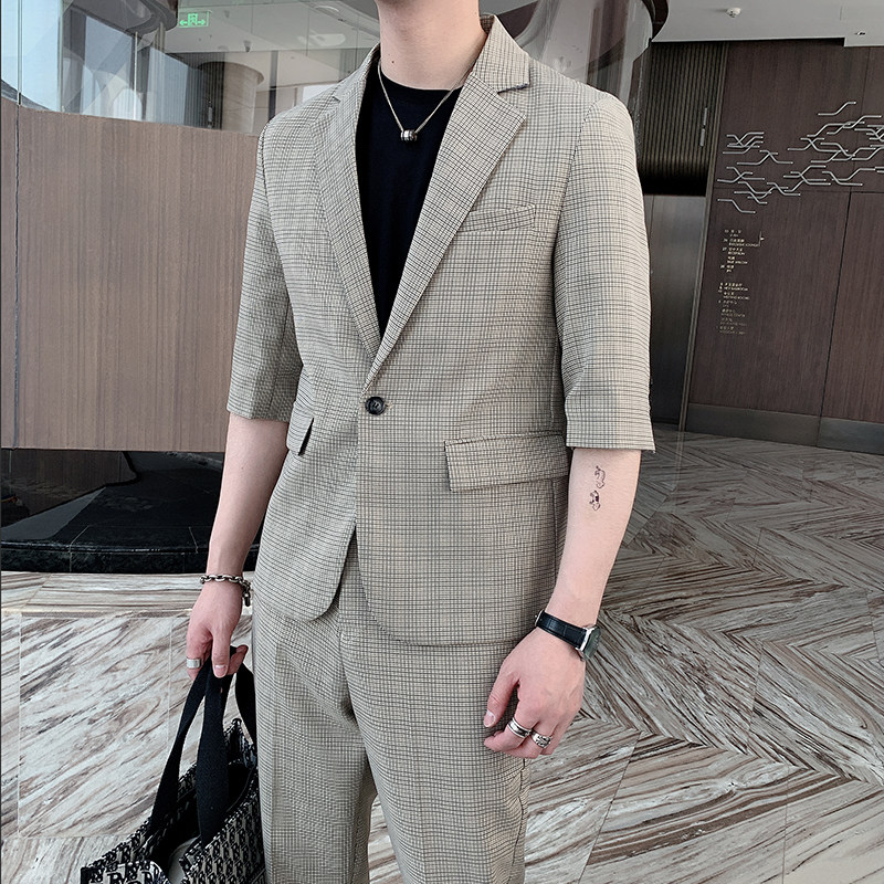 中袖西服套装男夏季修身千鸟格休闲西装两件套西装套装 TZ62图片