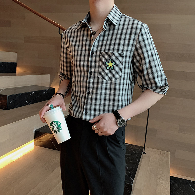 潮男格子衬衫英伦休闲贴花格子中袖七分袖衬衣男A369-CS287,男装衬衫,电商B267