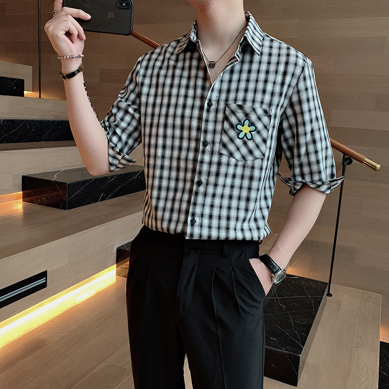 潮男格子衬衫英伦休闲贴花格子中袖七分袖衬衣男A369-CS287图片
