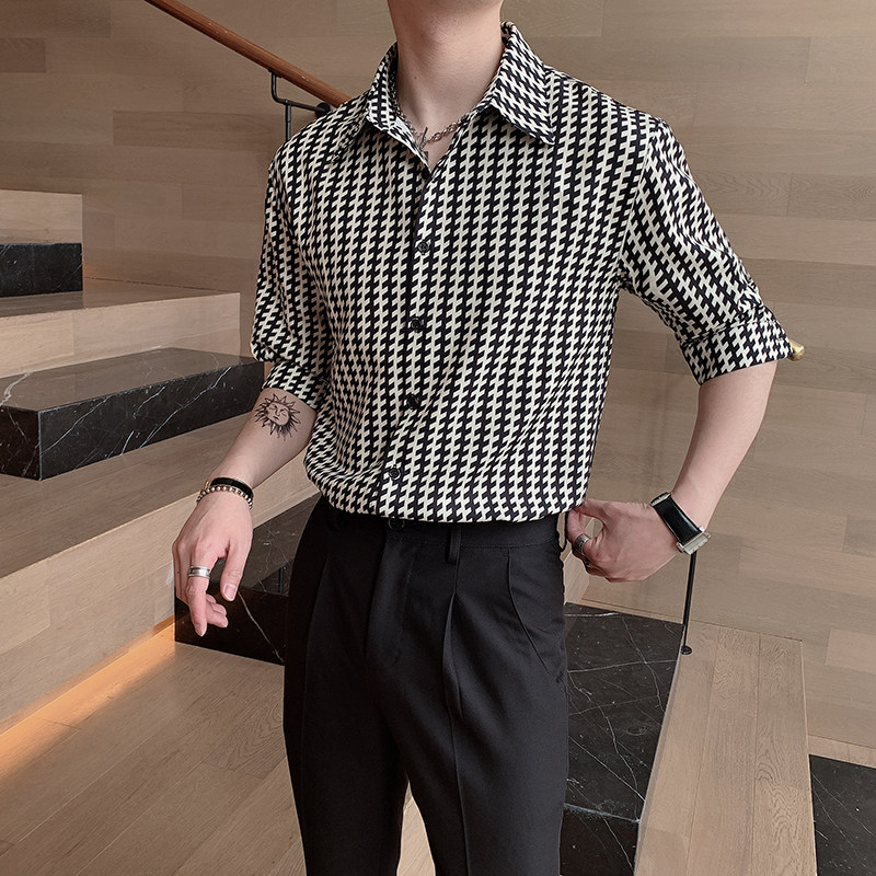 夏季ins潮牌微松设计感条纹格子高级感中袖衬衫男A369-CS283,男装衬衫,电商B267