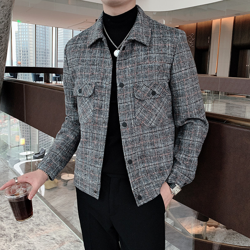 ins秋冬季格子呢料外套男韩版修身大衣短款夹克A369-8002,男装毛呢大衣,电商B267