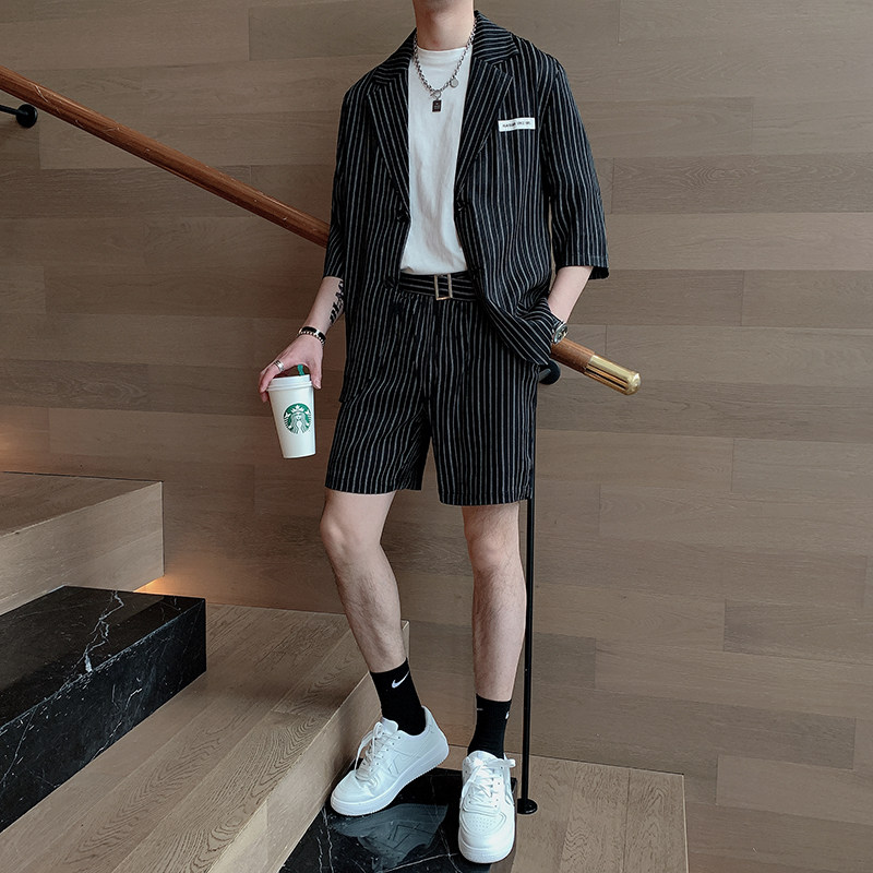 夏季韩版男士痞帅潮流宽松条纹短袖西服短裤套装 A369-TZ006图片