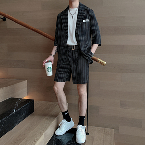 夏季韩版男士痞帅潮流宽松条纹短袖西服短裤套装 A369-TZ006图片