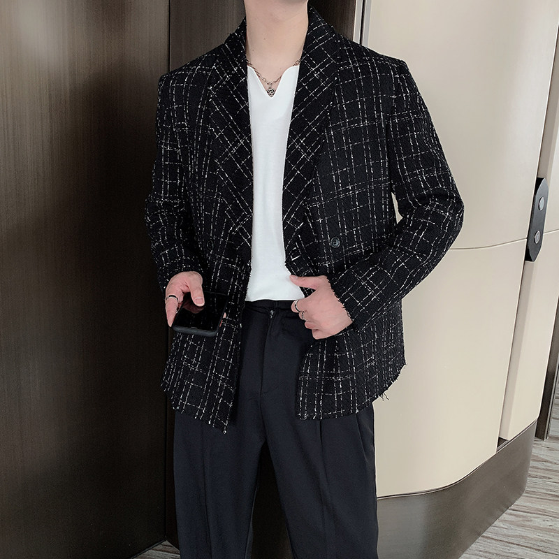 秋冬红韩版编织小香风毛边西装外套男休闲宽松潮XZ027,男装西服,电商B267