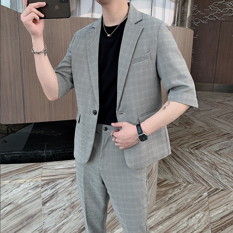 中袖西服套装男夏季修身千鸟格休闲西装两件套西装套装TZ62,男装西服套装,电商B267