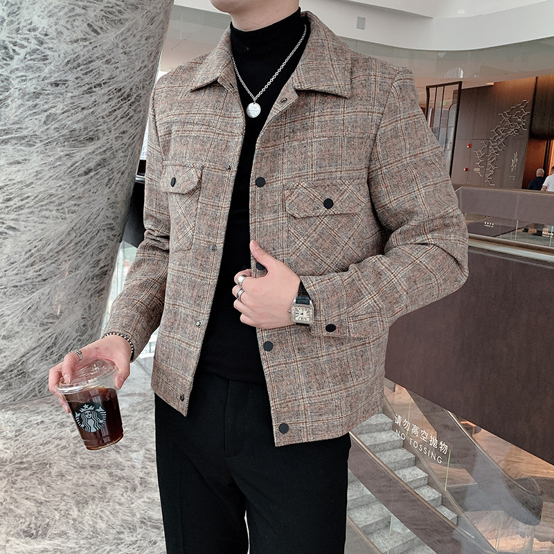 ins秋冬季格子呢料外套男韩版修身大衣短款夹克A369-8002,男装毛呢大衣,电商B267