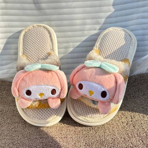 儿童春季亚麻拖鞋女童卡通可爱美乐蒂室内居家防滑小女孩棉麻家用