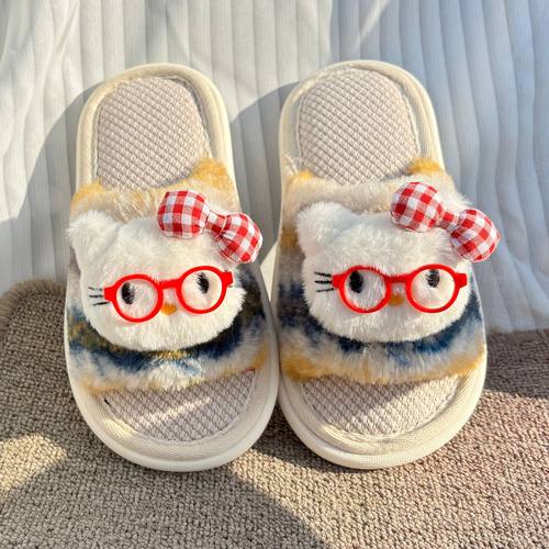 儿童拖鞋女童卡通可爱kt猫室内居家亚麻防滑小女孩春季棉麻地板拖