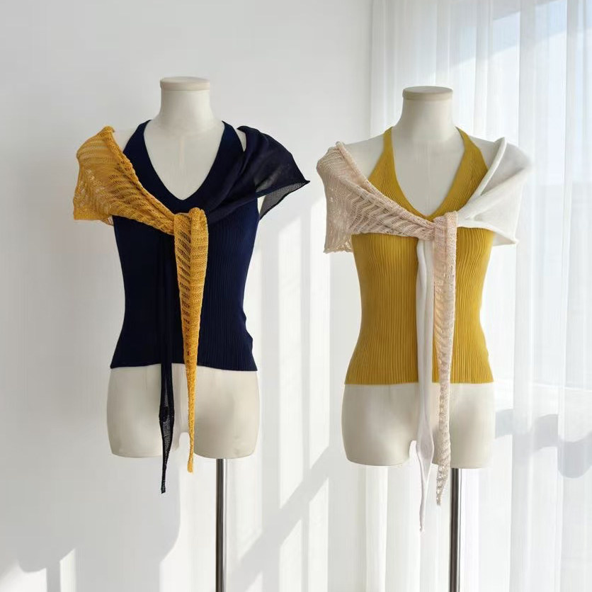 美肩沦陷 挂脖吊带披肩两件套夏季针织套装显瘦辣妹穿搭上衣背心