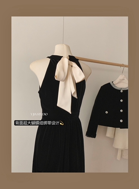 Fanny of Fun黑玫瑰年会战袍挂脖丝绒礼服系带蝴蝶结连衣裙