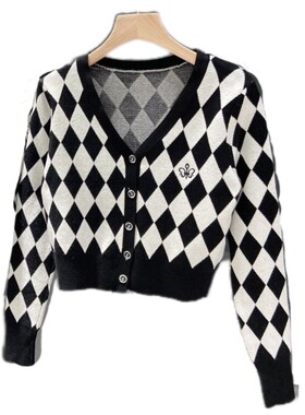春季学院风乖乖女气质格子V领叠穿短款菱格纹针织开衫外套