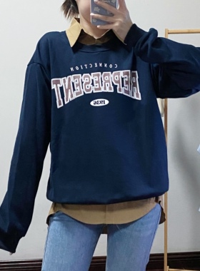 早春ins韩版新款复古字母印花百搭简约宽松藏青休闲卫衣女