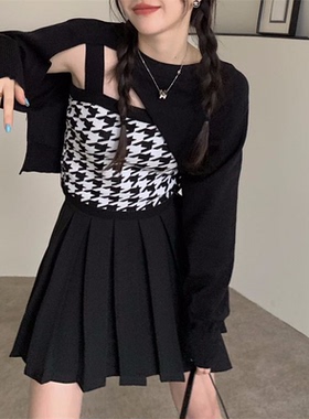 早春气质黑色千格鸟百搭短款吊带洋气纯色不规则披肩套装