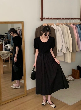 FoF2024春夏法式复古简约百搭黑色拼接显瘦宝藏连衣裙女