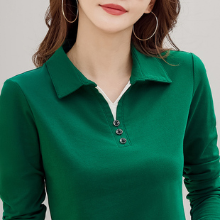 纯棉外穿秋衣40岁女洋气百搭休闲上衣服 宽松型翻领t恤女春秋新款