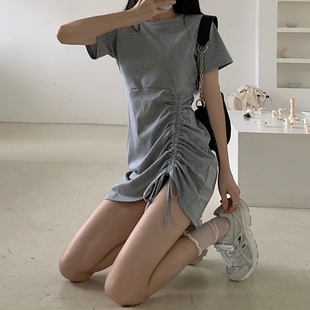 胖mm大码连衣裙女春装2022新款修身显瘦抽绳小个子短袖网红包臀裙