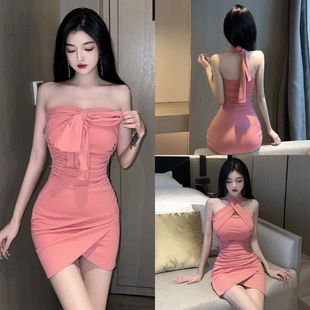 辣妹连衣裙情趣连衣裙露背交叉绑带挂脖式纯欲风裙2022新款粉色女