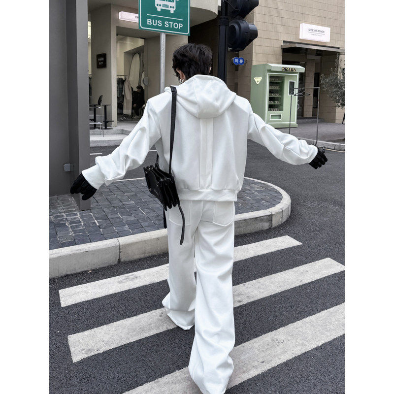 봄 틈새 구조 스플 라이스 후드 가디건 스웨트 셔츠 정장 남성 디자인 와이드 레그 바지 고급 투피스 트렌디 세트
