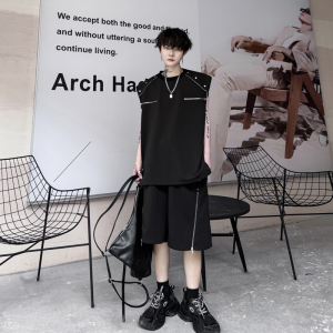 夏季暗黑系小众铆钉拉链装饰背心套装男设计感直筒短裤痞帅两件套