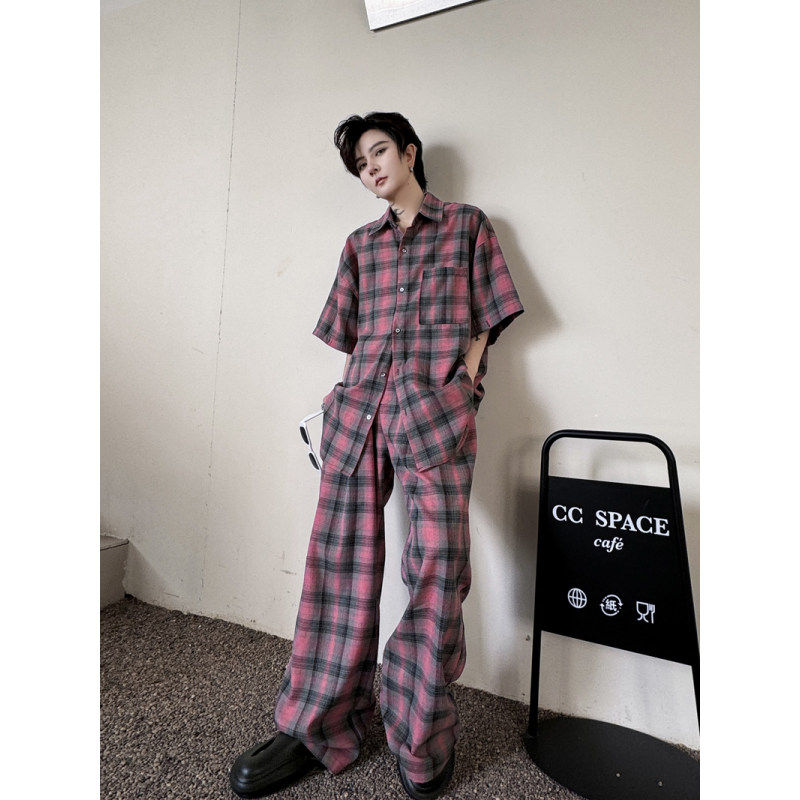 KOREAN FASHION NICHE DETACHABLE SLEEVE CHECKED SHIRT SET MENS DESIGN SENSE WIDE-LEGGED TROUSERS HANDSOME TWO-PIECE SET