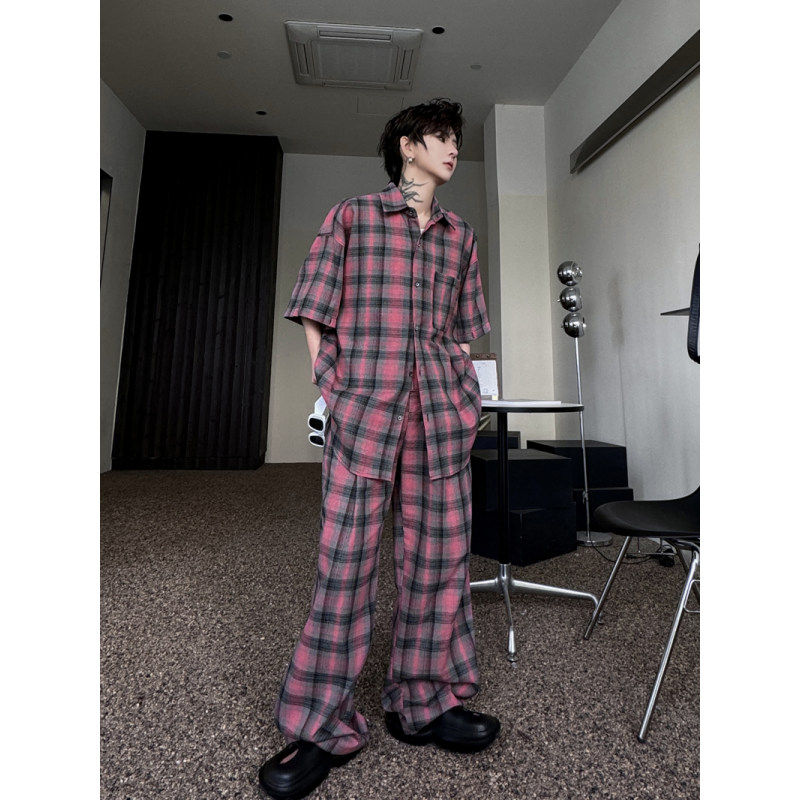 KOREAN FASHION NICHE DETACHABLE SLEEVE CHECKED SHIRT SET MENS DESIGN SENSE WIDE-LEGGED TROUSERS HANDSOME TWO-PIECE SET