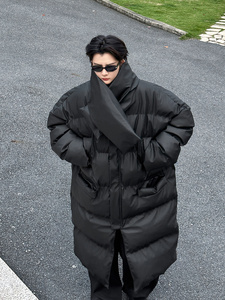 冬季暗黑山本风立领围脖皮棉衣男中长款设计感御寒保暖羽绒棉服潮