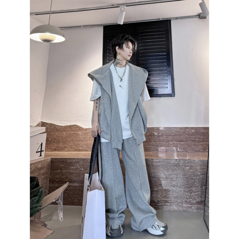 여름 한국 복고풍 가짜 투피스 디자인 후드 어깨 패드 조끼 정장 남성 캐주얼 스포츠 바지 투피스 세트