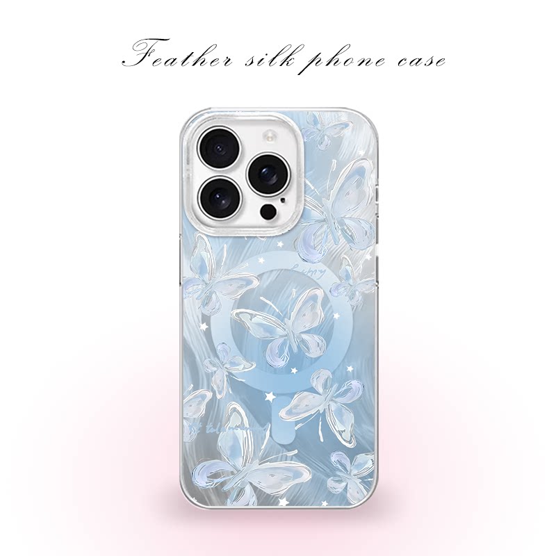 蓝色水晶蝴蝶用于iPhone17pro/16promax手机壳华为mete80一加13磁吸vivoS30羽纱红米K80小米17OPPO