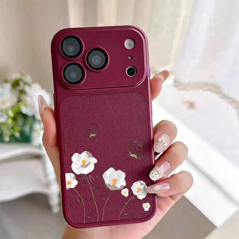 白山茶花适用于iPhone18promax/苹果17pro手机壳华为mete80—加13羊皮vivoS30自带镜头膜红米K80小米17OPPO