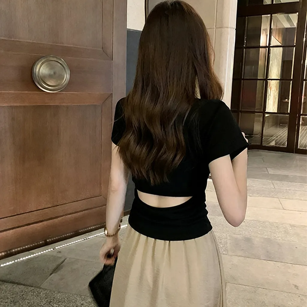 新款夏季女装短款辣妹t上衣收腰性感纯欲露背打底衫气质T恤衣