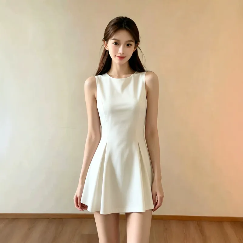 白色法式千金风无袖连衣裙子女款2026新款收腰显瘦气质夏季穿搭
