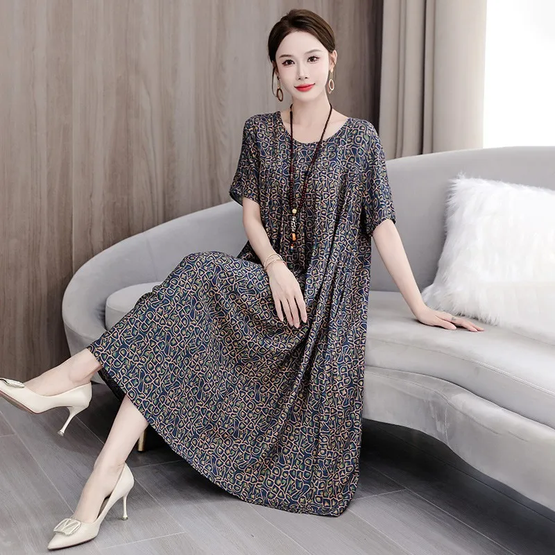 夏季中老年女士棉绸连衣裙加肥大码宽松年轻妈妈家居服睡裙可外穿