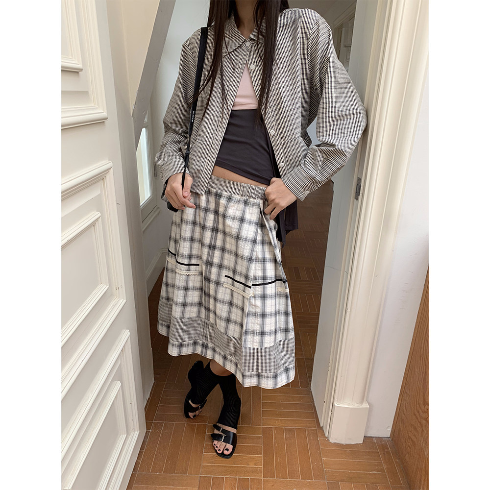 FUNNEL IN  拼接格纹半身裙女松紧腰百褶裙超好看独特漂亮半裙