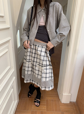 FUNNEL IN  拼接格纹半身裙女松紧腰百褶裙超好看独特漂亮半裙