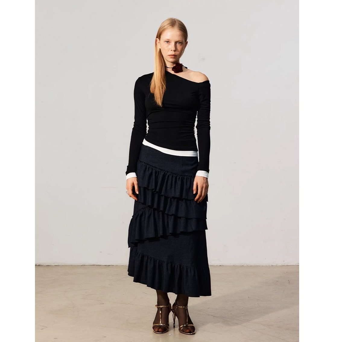 FUNNEL IN原创设计斜肩露肩假两层打底衫女长袖黑色内搭上衣