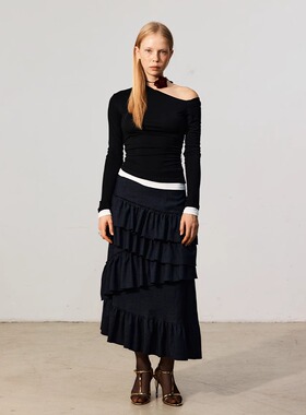 FUNNEL IN原创设计斜肩露肩假两层打底衫女长袖黑色内搭上衣