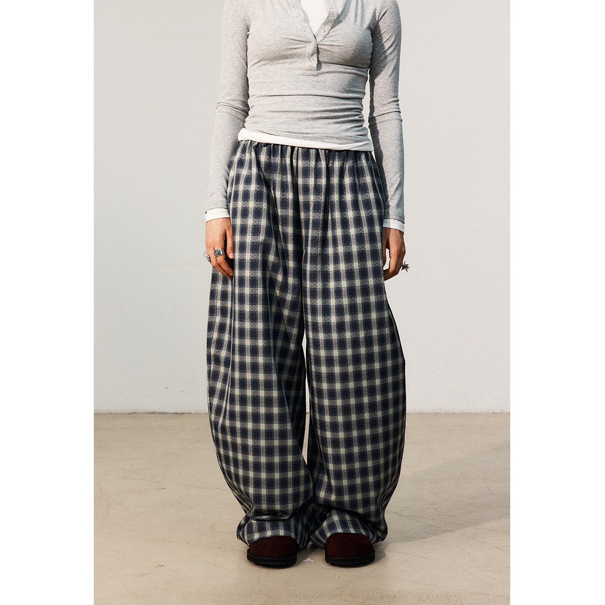 FUNNEL IN原创设计蓝格纹气球长裤休闲裤女阔腿裤宽松bf慵懒风
