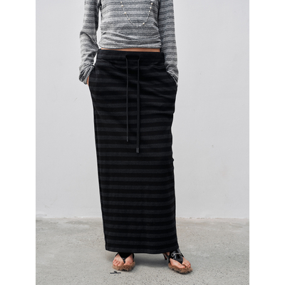 FUNNEL IN复古黑灰条纹针织长裙显瘦休闲低腰直筒开叉半身裙女