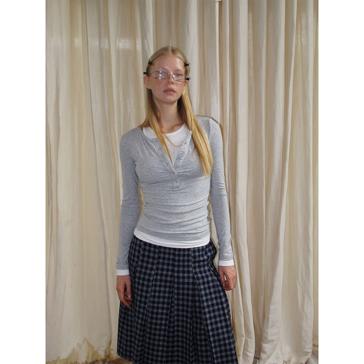 FUNNEL IN原创设计亨利领假两件长袖上衣打底衫修身白色内搭