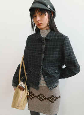 Funnel in复古格子拼接毛呢外套女秋冬季新款宽松休闲夹克