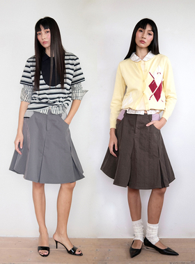 FUNNEL IN  灰色撞色压褶半身裙女夏a字裙工装早秋绝美短裙百褶裙