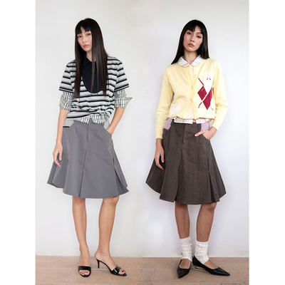 FUNNEL IN  灰色撞色压褶半身裙女夏a字裙工装早秋绝美短裙百褶裙