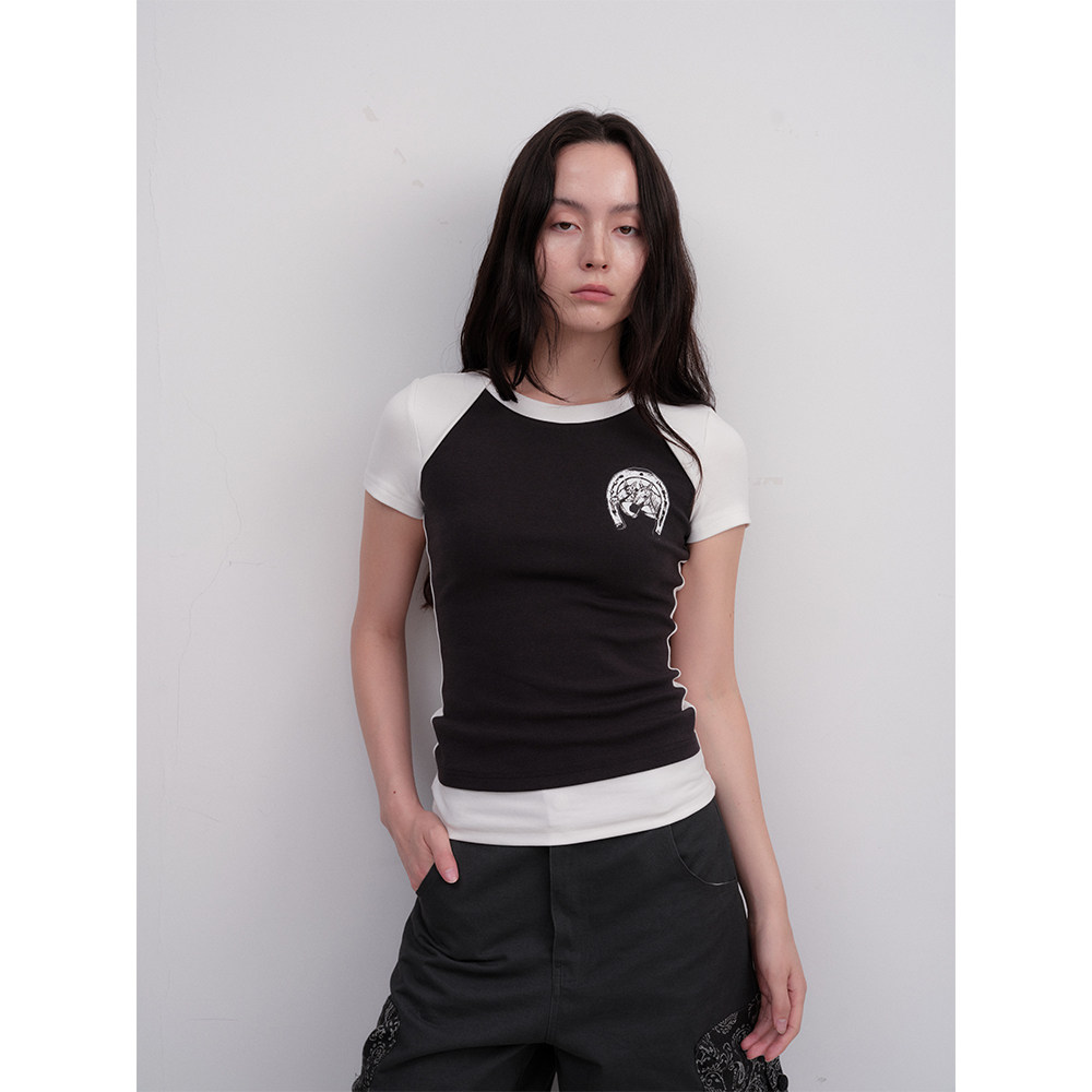 FUNNEL IN 插肩袖拼接短袖T恤女2025新款夏日漂亮减龄小上衣