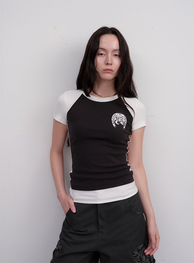 FUNNEL IN 插肩袖拼接短袖T恤女2025新款夏日漂亮减龄小上衣