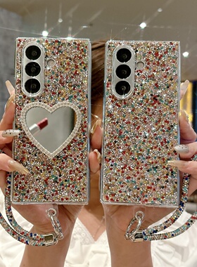 适用于Galaxy三星Zfold7手机壳新款ZFold6保护套折叠屏Zfold5全包防摔Zfold4补妆镜子支架女款七彩手链镶钻