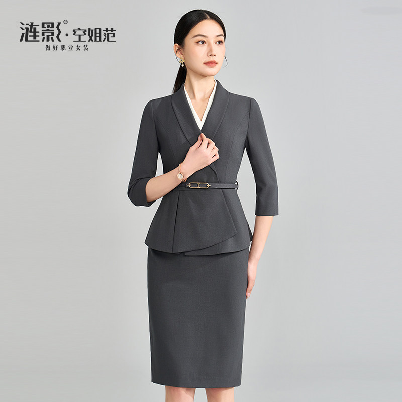 涟影空姐制服职业灰色西装套装七分袖气质前台售楼部工作服女高端