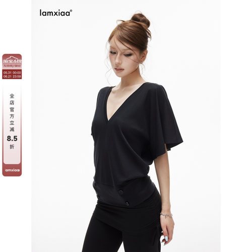 iamxiaa*弹力莱赛尔深V领可调节露背荷叶袖收腰装饰纽扣宽松T恤