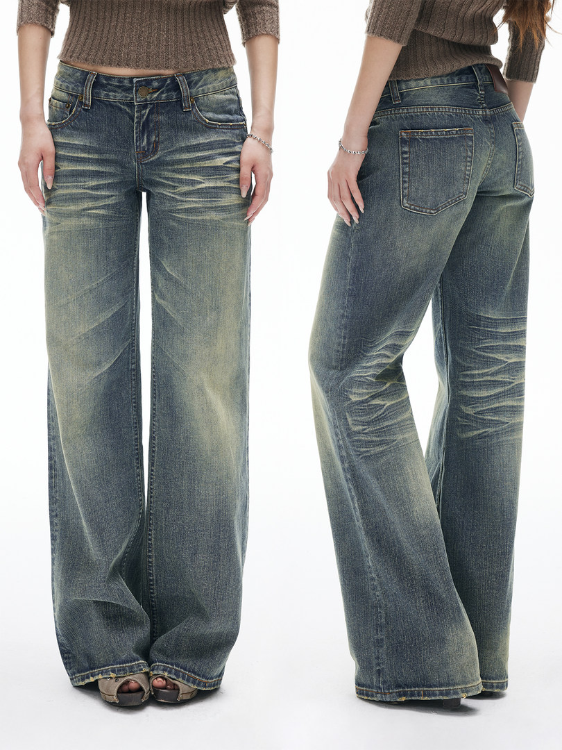 Wide-leg distressed blue jeans shown on a model from front and back