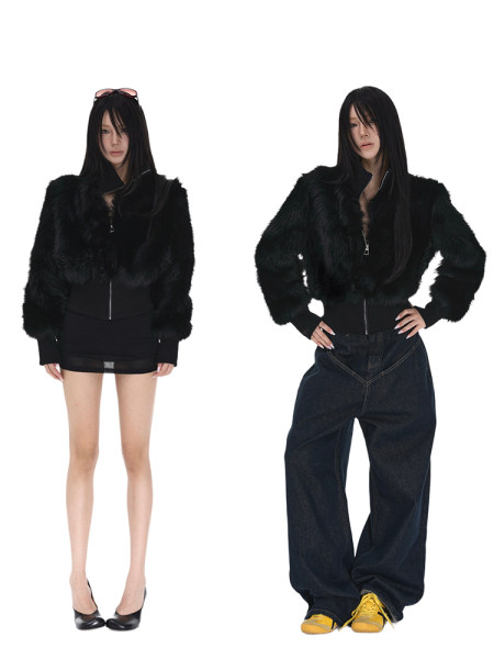 Black faux fur jacket styled on two models with dark fashion outfits