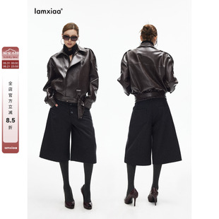 iamxiaa*羊毛深灰磨毛呢料手缝独特肌理排扣A字宽松休闲七分裤